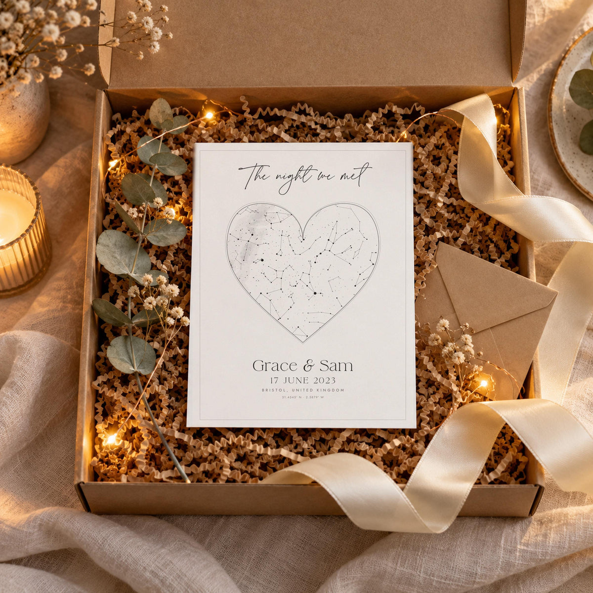 Minimal heart star map print in a gift box