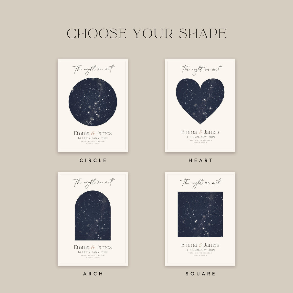 Four shapes: circle, heart, arch and square