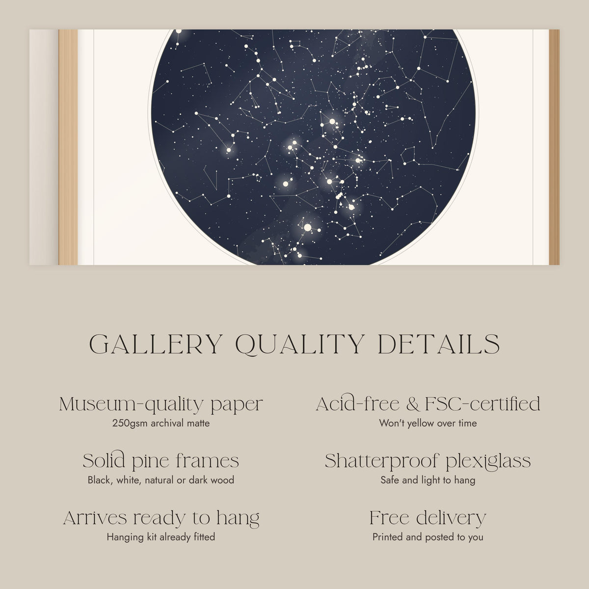 Museum-quality paper and solid pine frame details