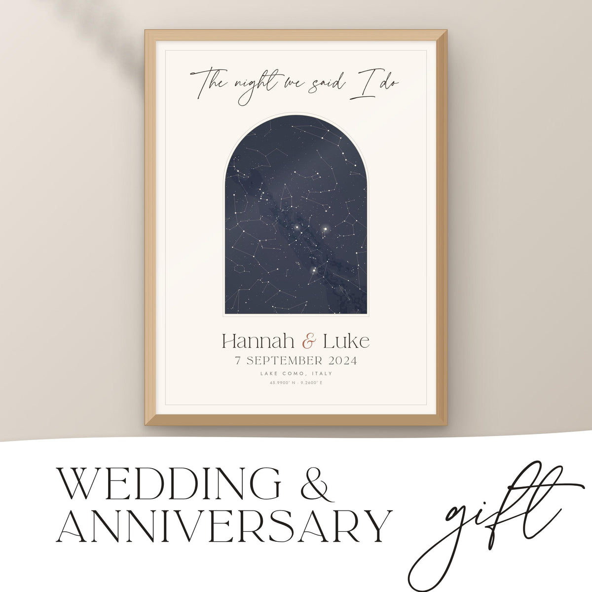 Wedding star map print with arch sky in a natural wood frame, wedding and anniversary gift