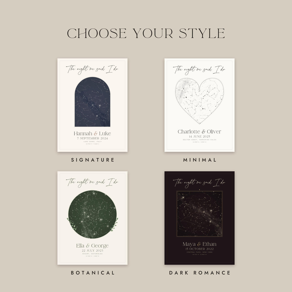 Four styles: Signature, Minimal, Botanical and Dark Romance