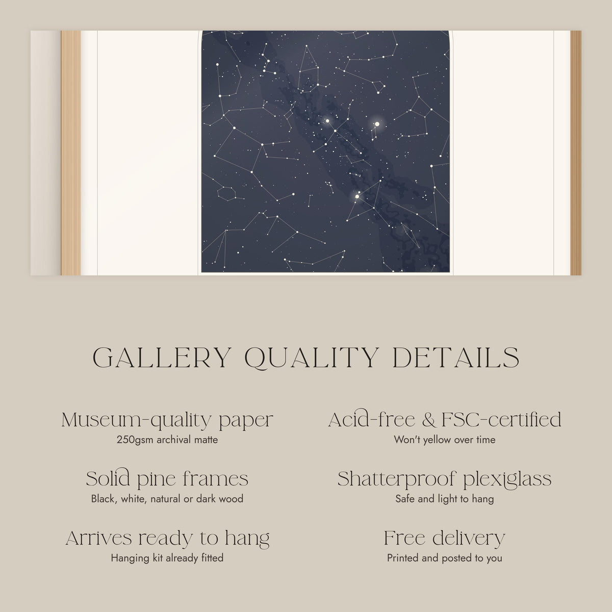 Museum-quality paper and solid pine frame details