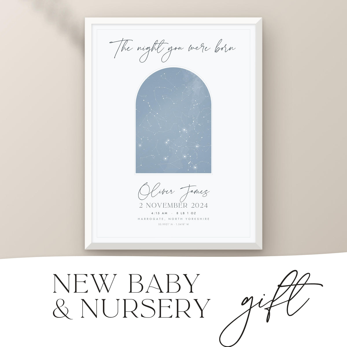 Birth star map print in the Powder Blue style