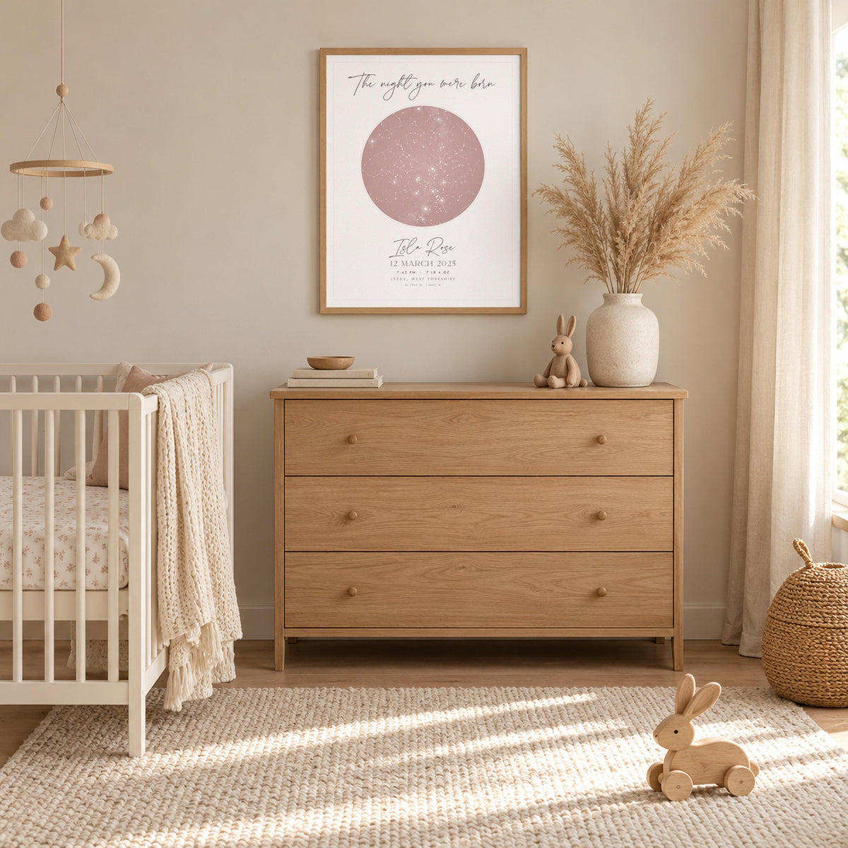 Framed birth star map print in a nursery