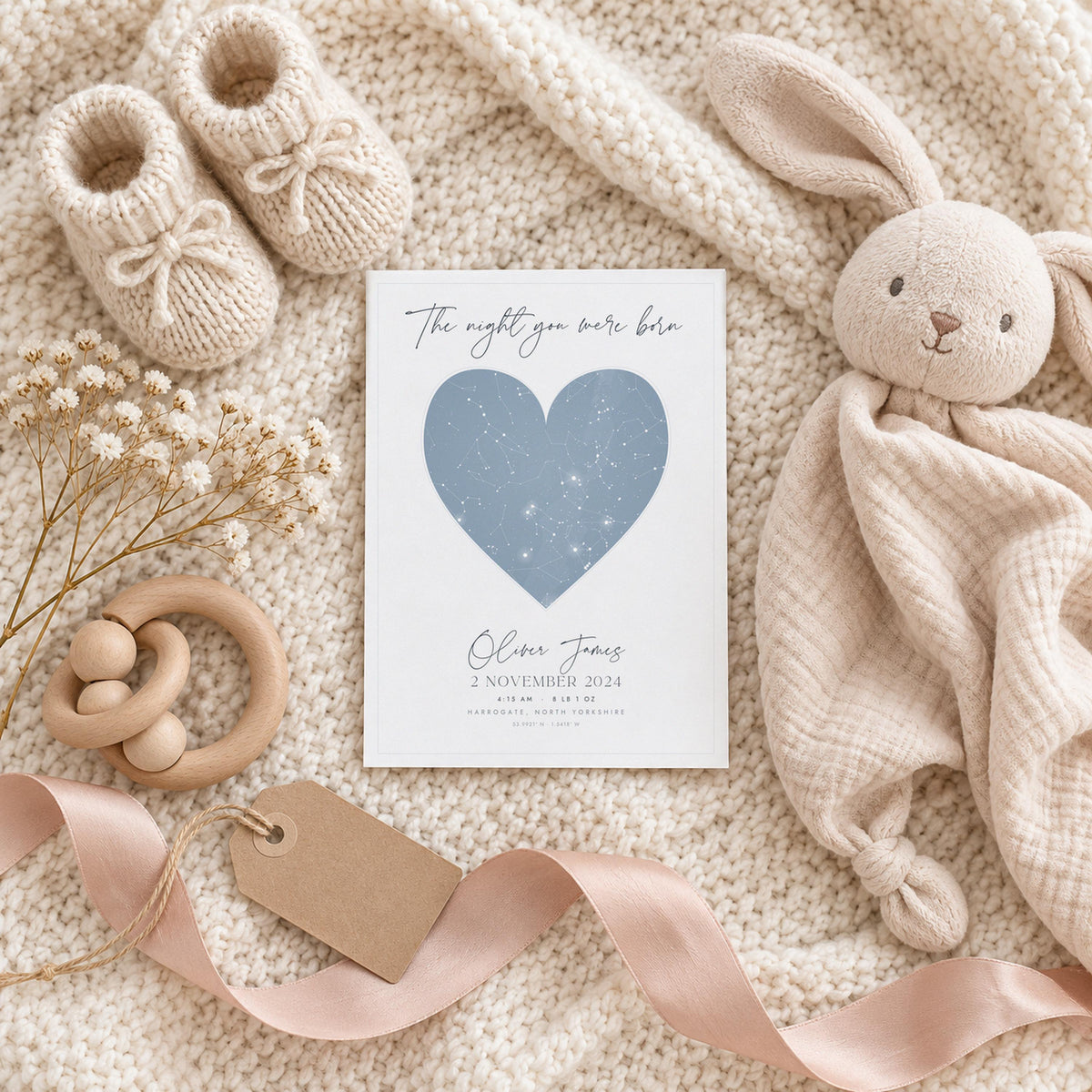 Birth star map print flat lay with gift wrapping