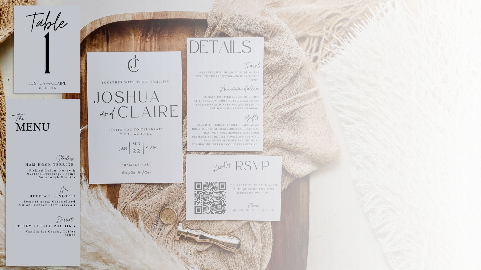Minimalist wedding invitation suite template editable in Canva by Designs by Peachy Keen