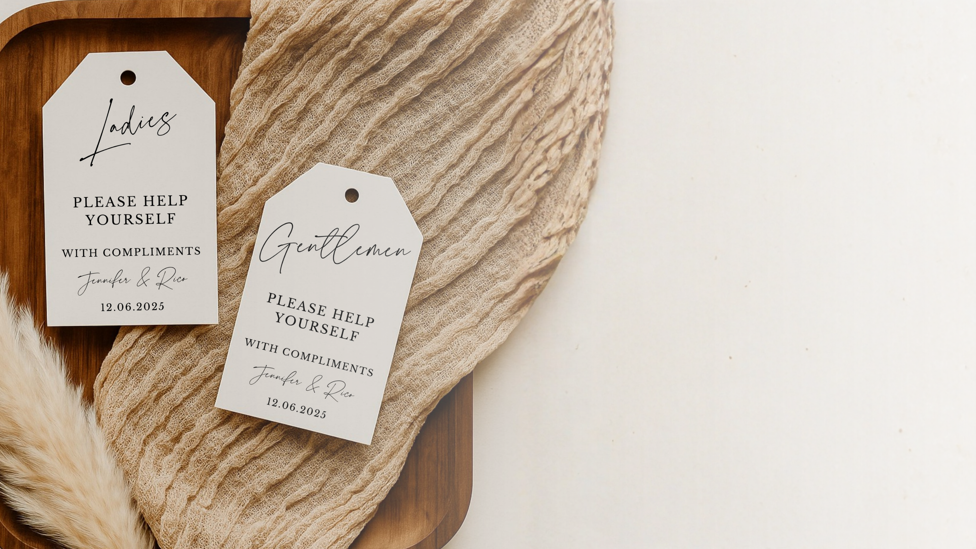 Two wedding favor tags on a wooden board with textured fabric background